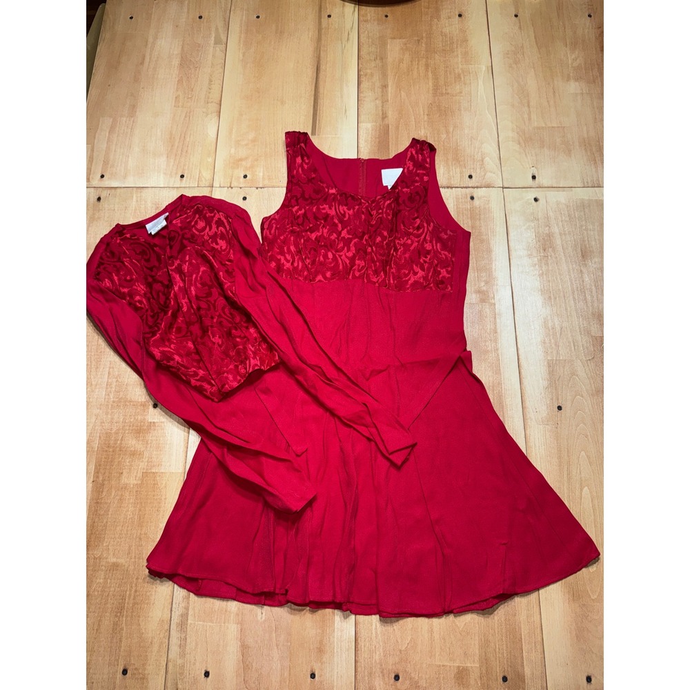 Vintage Maurices Red Jacquard Dress with Matching Cardigan Set Size 9/10